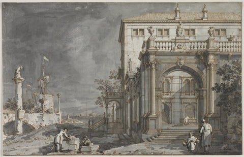 Antonio Canaletto — Capriccio: A Palace with a Courtyard by the Lagoon Print