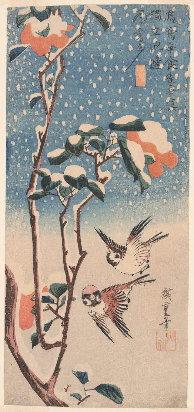 Sparrows and Camellia in Snow by Utagawa Hiroshige — complete composition