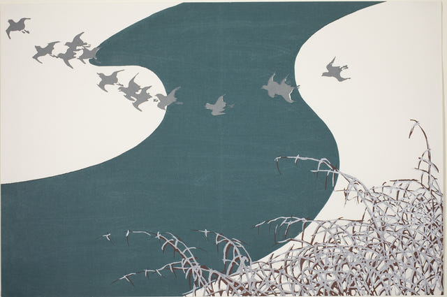 Kamisaka Sekka — Plovers over a Winter River Print