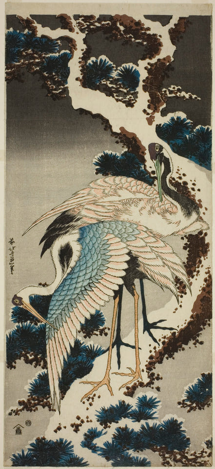 Cranes on Snow-Covered Pine by Katsushika Hokusai — complete composition