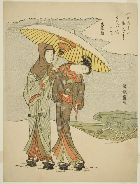Young Couple Under an Umbrella in Snow by Isoda Koryusai — complete composition