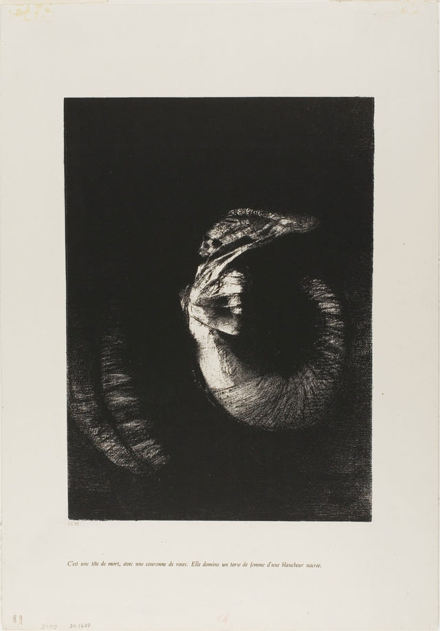 A Skull Wreathed in Roses by Odilon Redon — complete composition