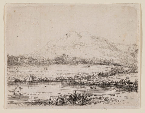 Canal with an Angler and Two Swans by Rembrandt van Rijn — complete composition