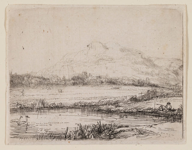Canal with an Angler and Two Swans by Rembrandt van Rijn — complete composition