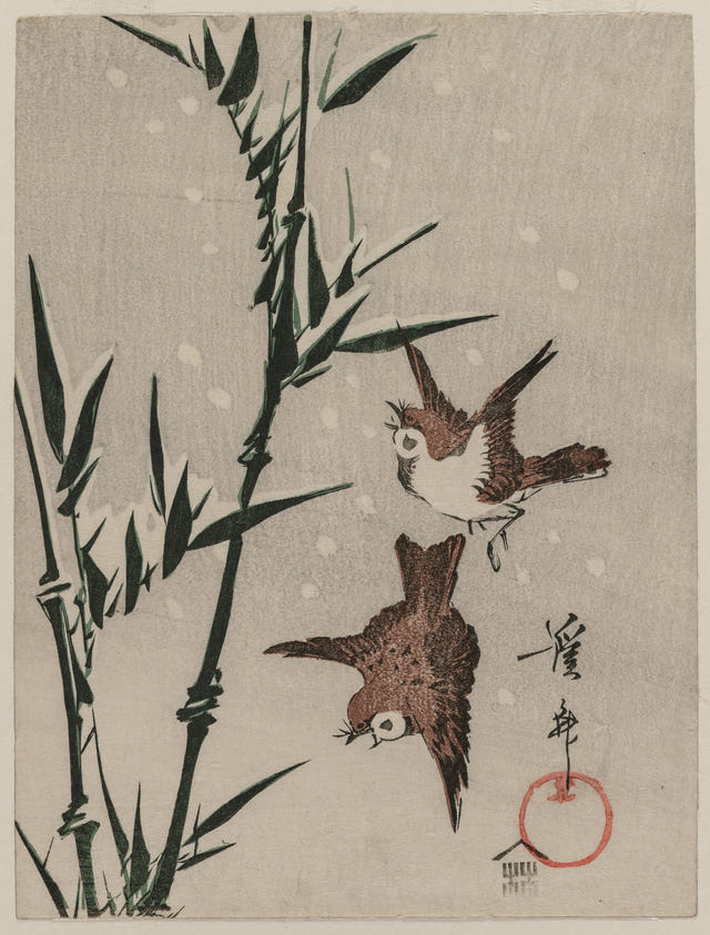Keisai Eisen — Sparrows, Bamboo and Falling Snow Print