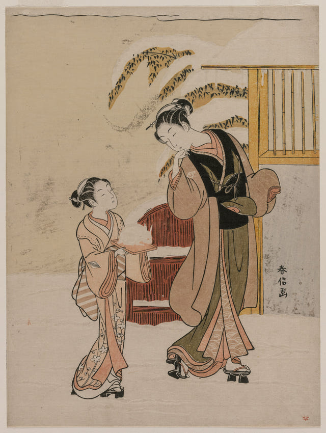 Suzuki Harunobu — Young Woman Admiring a Snow Rabbit Print
