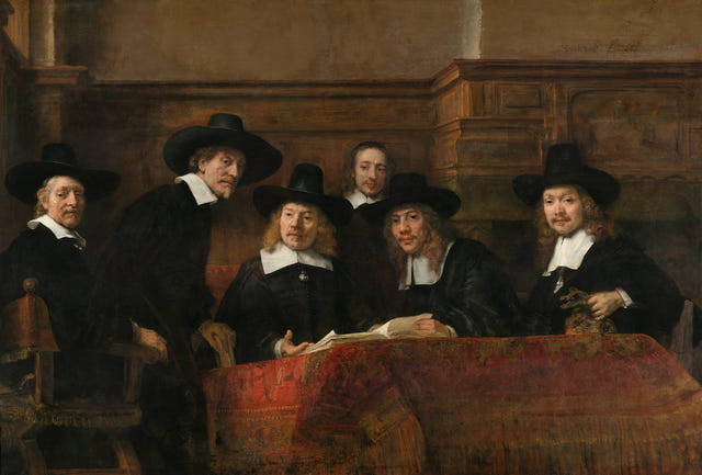 The Sampling Officials of the Amsterdam Drapers’ Guild by Rembrandt van Rijn — complete composition