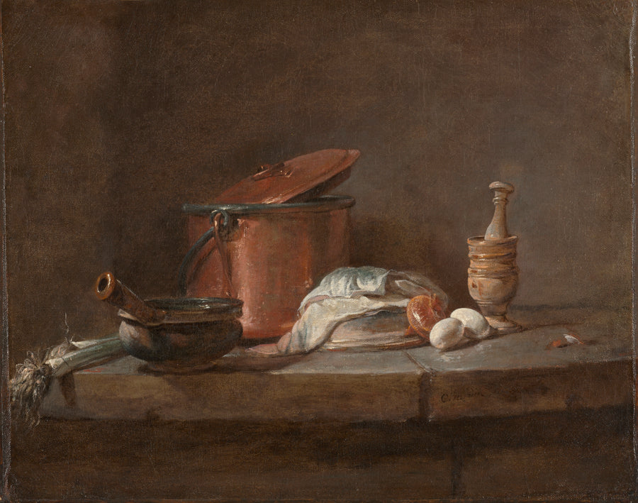 Kitchen Utensils with Leeks, Fish, and Eggs by Jean-Siméon Chardin