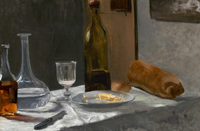 Claude Monet — Still Life with Bottle, Carafe, Bread, and Wine