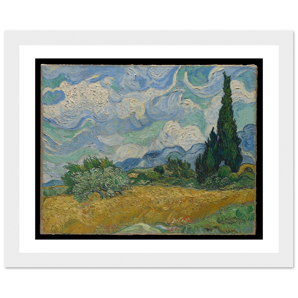 Van Gogh — Wheat Field with Cypresses in a white wood frame, native Gelato mockup